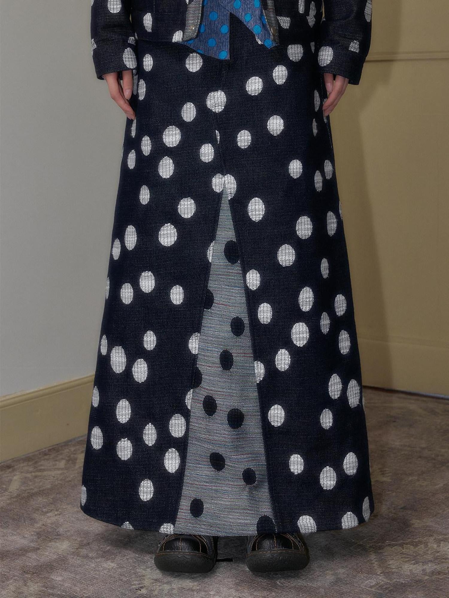SENSELF Black And Navy Polka Dot A Line Low Waist Women's Denim Maxi Skirts