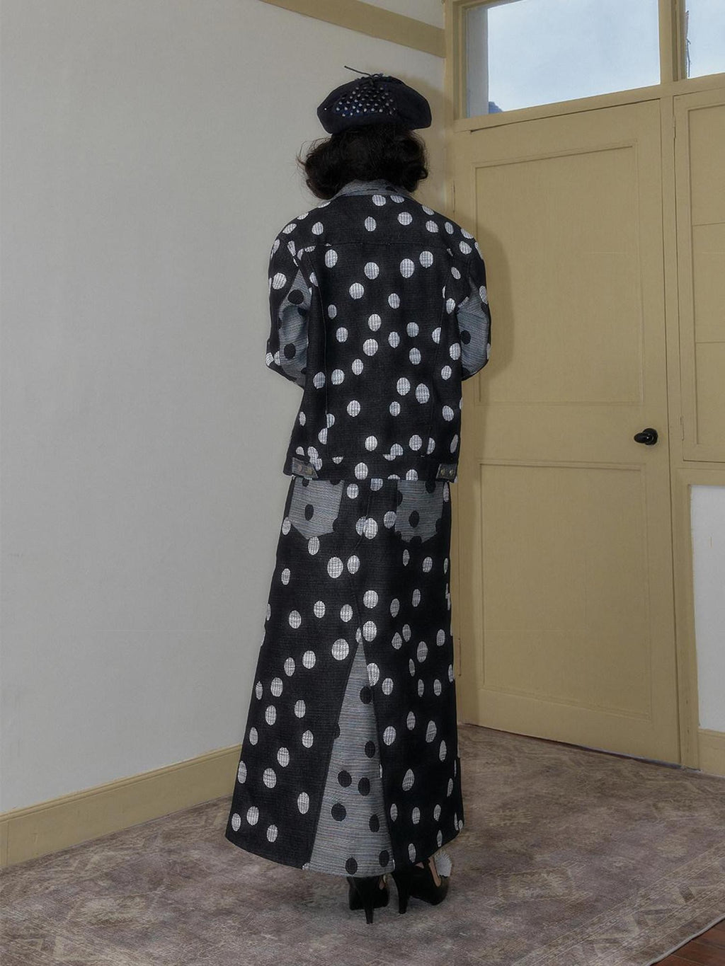 SENSELF Black And Navy Polka Dot A Line Low Waist Women's Denim Maxi Skirts