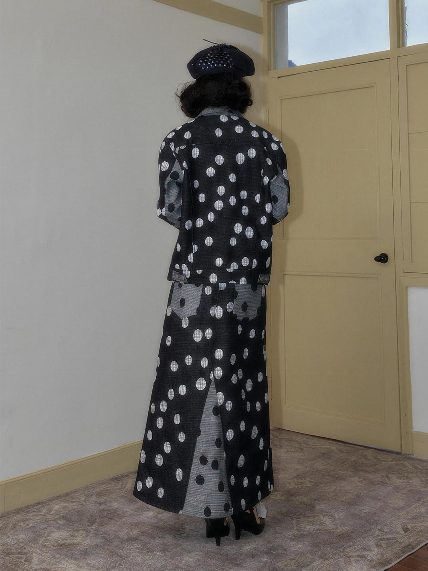 SENSELF Black And Navy Polka Dot A Line Low Waist Women's Denim Maxi Skirts