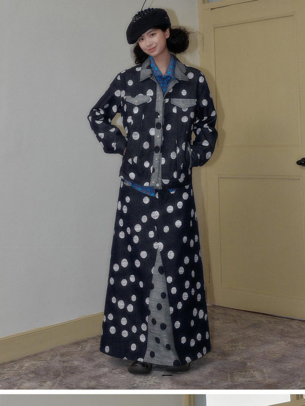 SENSELF Black And Navy Polka Dot A Line Low Waist Women's Denim Maxi Skirts