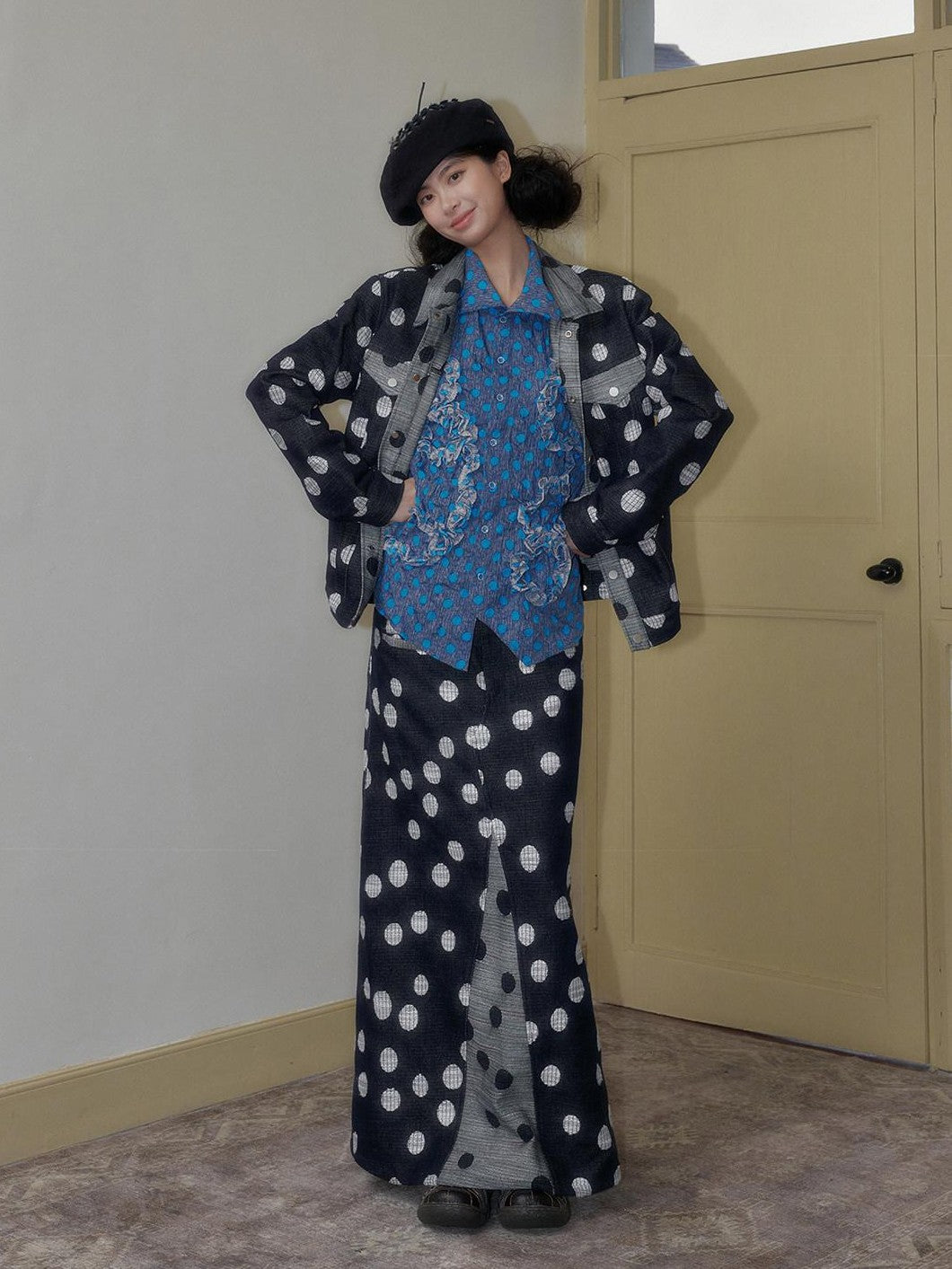 SENSELF Black And Navy Polka Dot A Line Low Waist Women's Denim Maxi Skirts