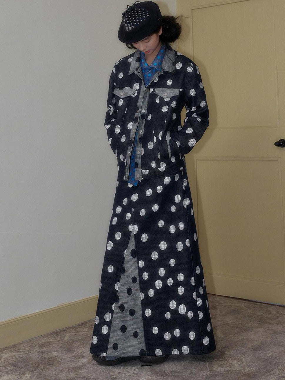 SENSELF Black And Navy Polka Dot A Line Low Waist Women's Denim Maxi Skirts