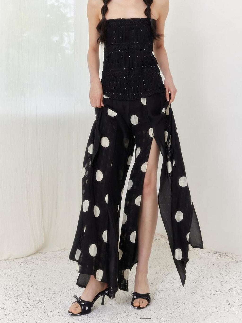 SENSELF Black Asymmetric Patch Polka Dot Plaid Split Low Waist Women's Wide-leg Pants