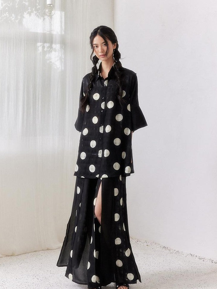 SENSELF Black Asymmetric Patch Polka Dot Plaid Split Low Waist Women's Wide-leg Pants