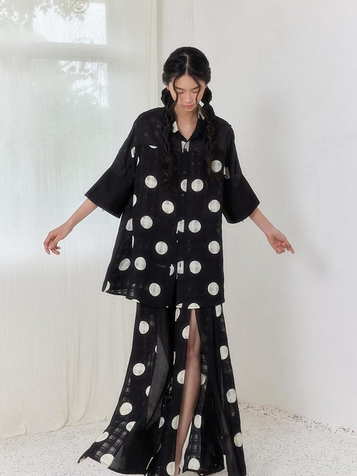 SENSELF Black Asymmetric Patch Polka Dot Plaid Split Low Waist Women's Wide-leg Pants