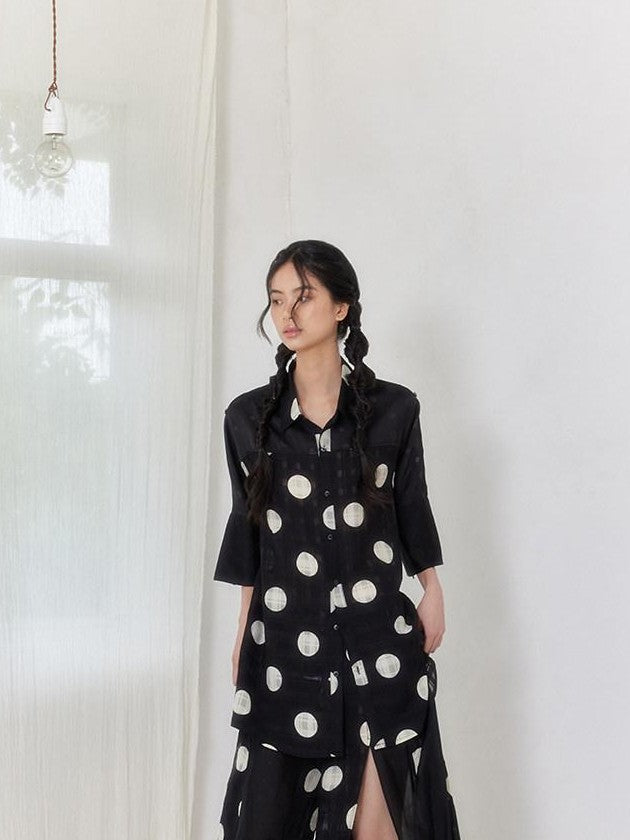 SENSELF Black Asymmetric Patch Polka Dot Plaid Split Low Waist Women's Wide-leg Pants