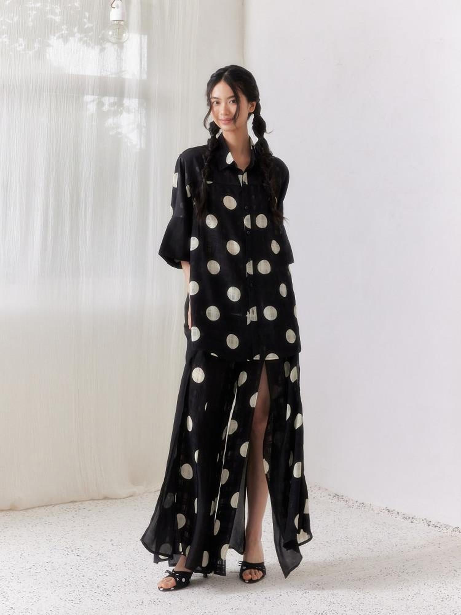 SENSELF Black Asymmetric Patch Polka Dot Plaid Split Low Waist Women's Wide-leg Pants