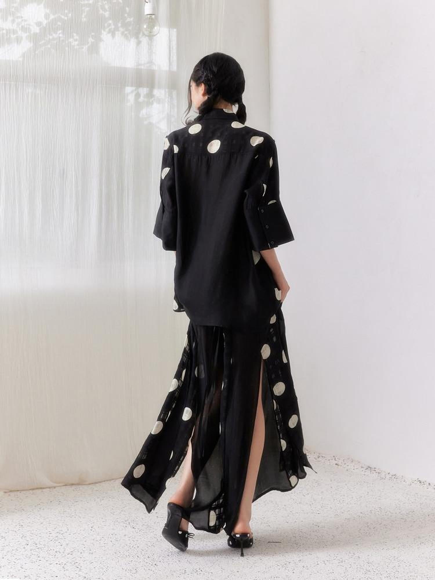 SENSELF Black Asymmetric Patch Polka Dot Plaid Split Low Waist Women's Wide-leg Pants