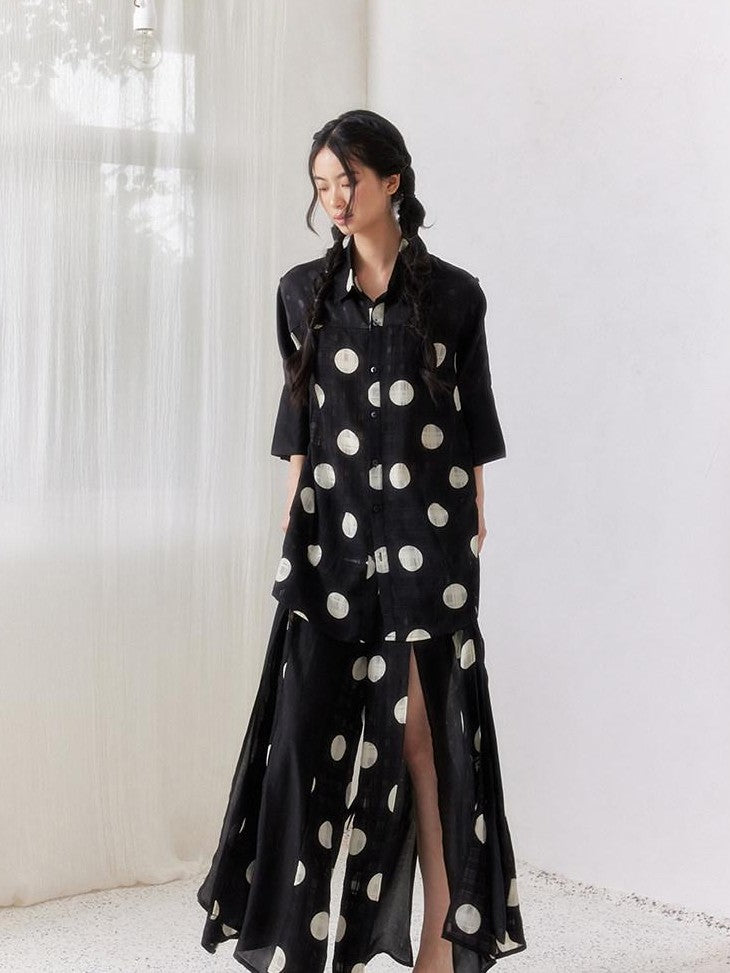SENSELF Black Asymmetric Patch Polka Dot Plaid Split Low Waist Women's Wide-leg Pants