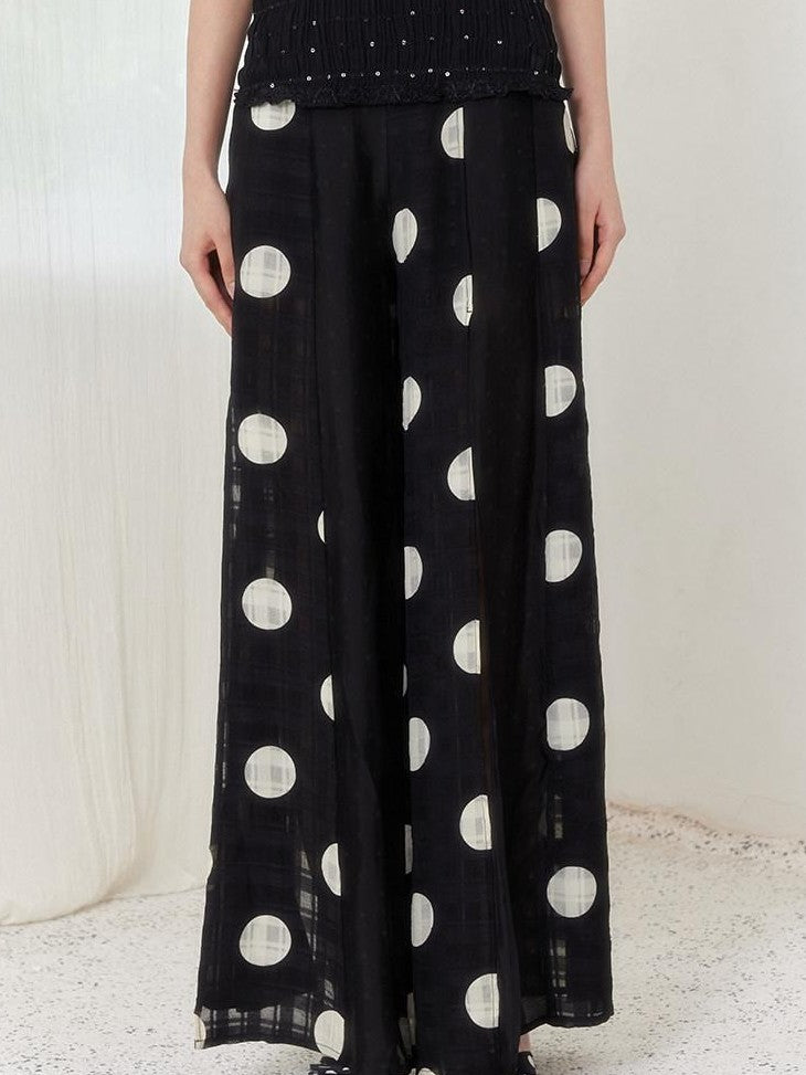SENSELF Black Asymmetric Patch Polka Dot Plaid Split Low Waist Women's Wide-leg Pants