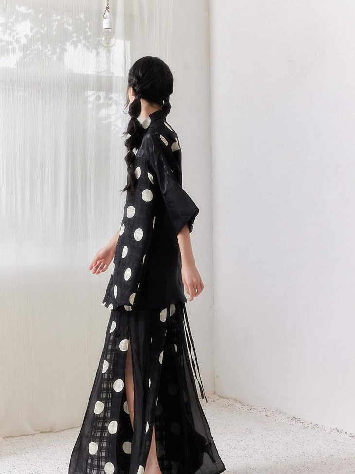 SENSELF Black Asymmetric Patch Polka Dot Plaid Split Low Waist Women's Wide-leg Pants