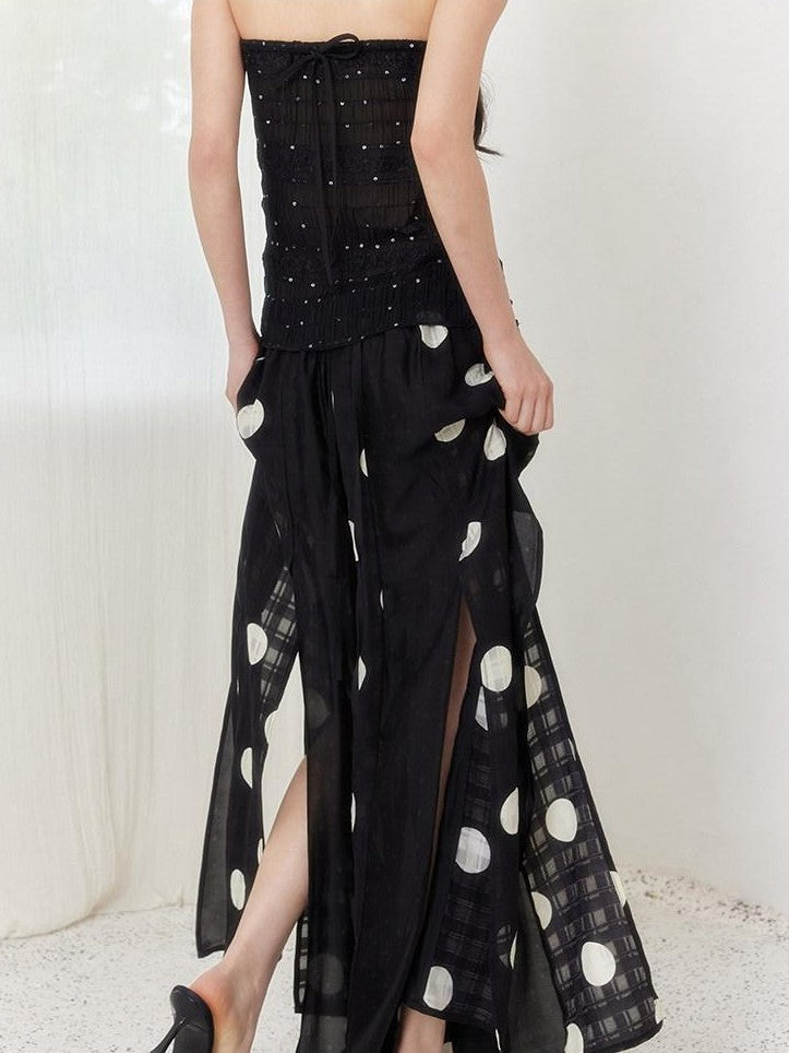 SENSELF Black Asymmetric Patch Polka Dot Plaid Split Low Waist Women's Wide-leg Pants
