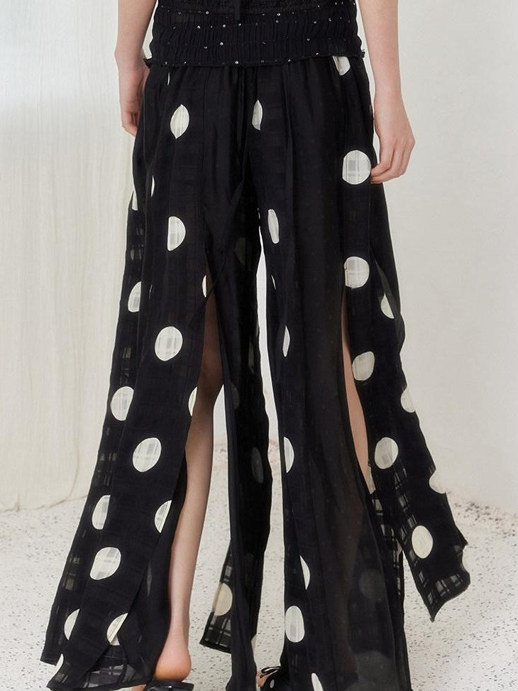 SENSELF Black Asymmetric Patch Polka Dot Plaid Split Low Waist Women's Wide-leg Pants
