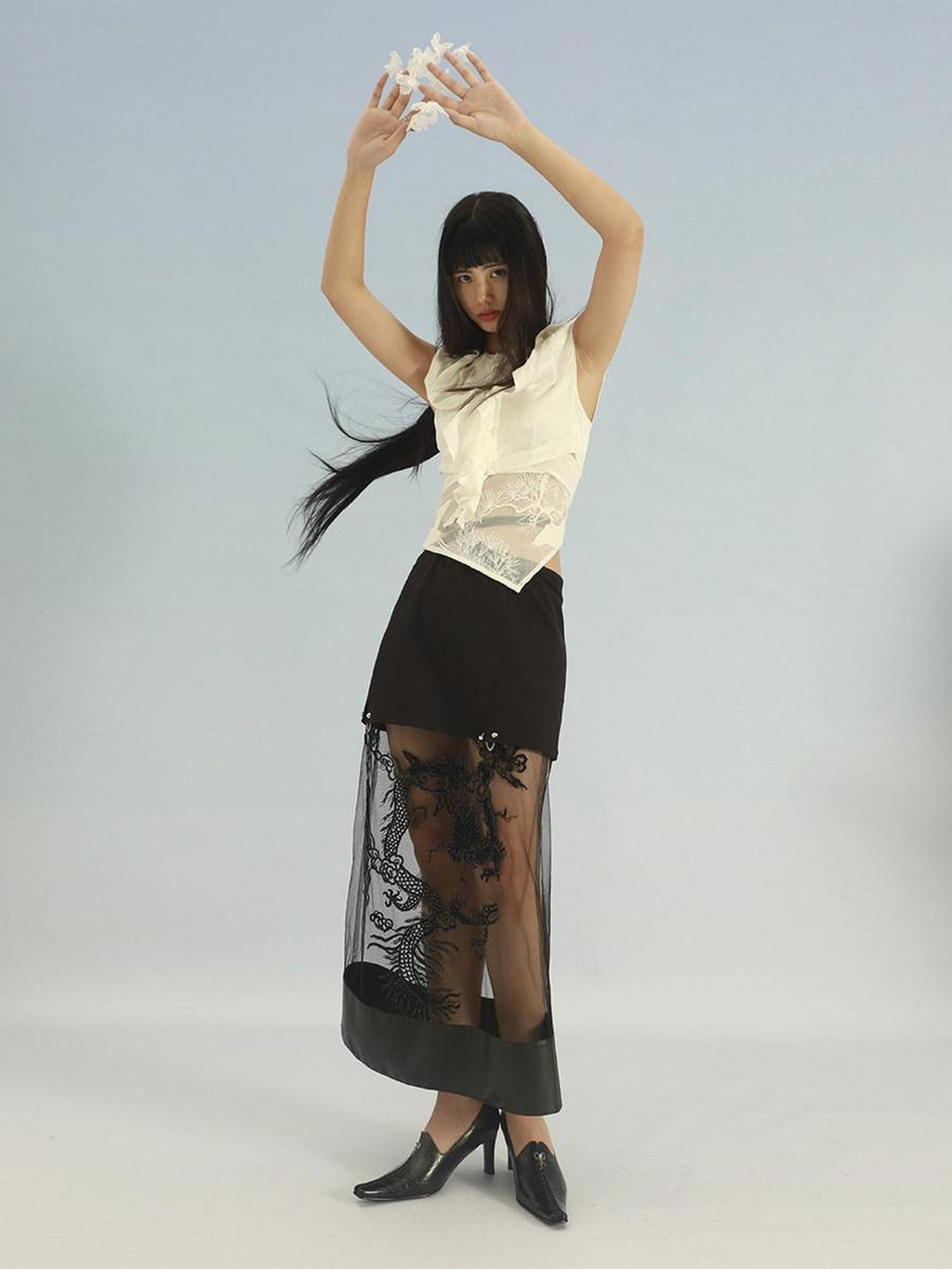 SENSELF Black Dragon Heavy Embroidered Sequined Lace Up Detachable Women's Midi Skirts