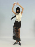 SENSELF Black Dragon Heavy Embroidered Sequined Lace Up Detachable Women's Midi Skirts