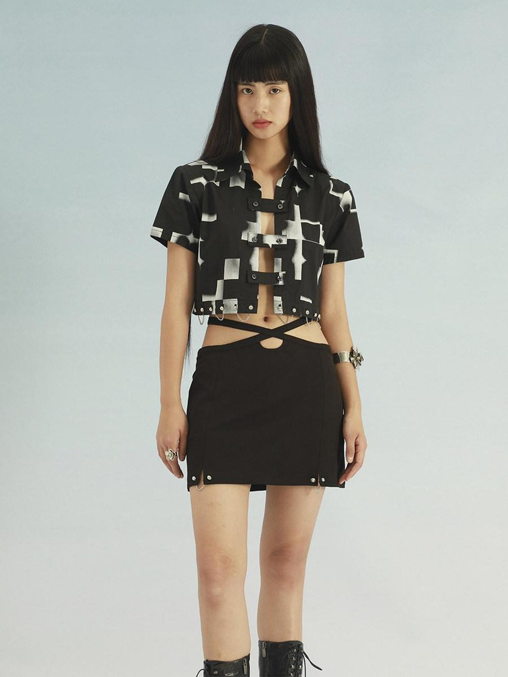 SENSELF Black Dragon Heavy Embroidered Sequined Lace Up Detachable Women's Midi Skirts