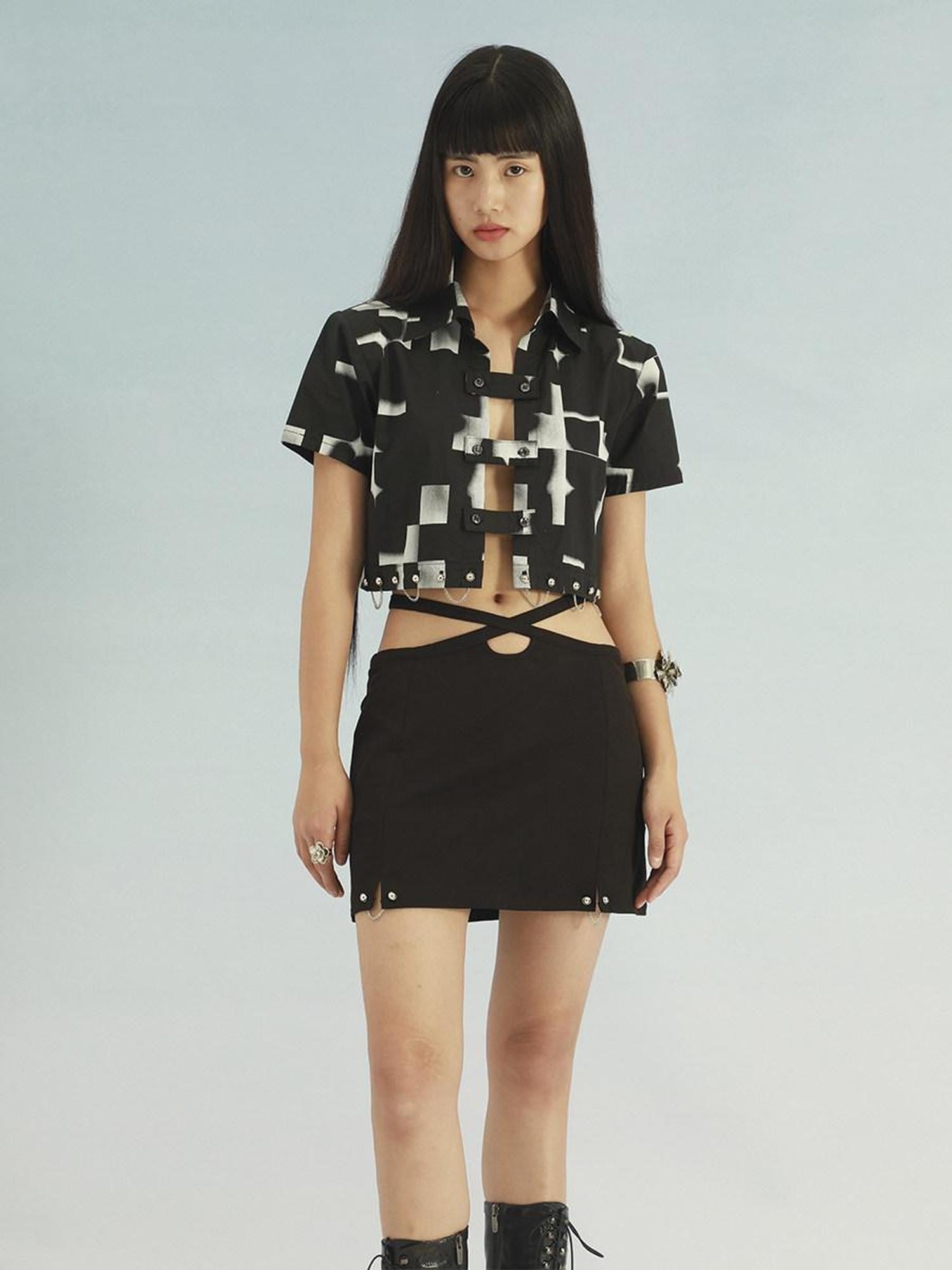 SENSELF Black Dragon Heavy Embroidered Sequined Lace Up Detachable Women's Midi Skirts