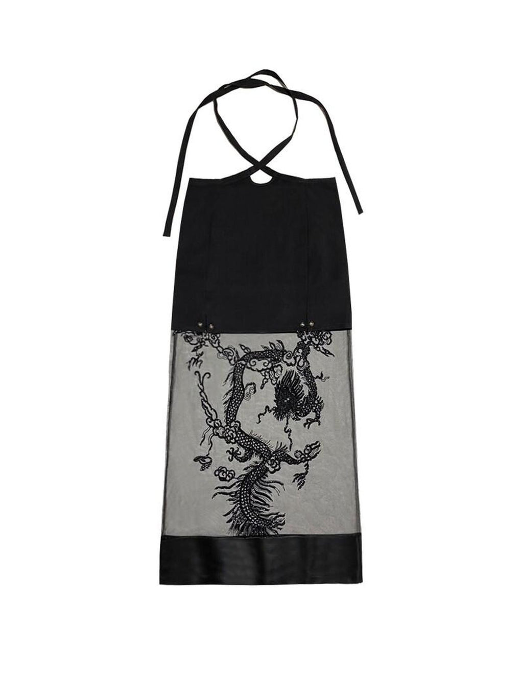 SENSELF Black Dragon Heavy Embroidered Sequined Lace Up Detachable Women's Midi Skirts
