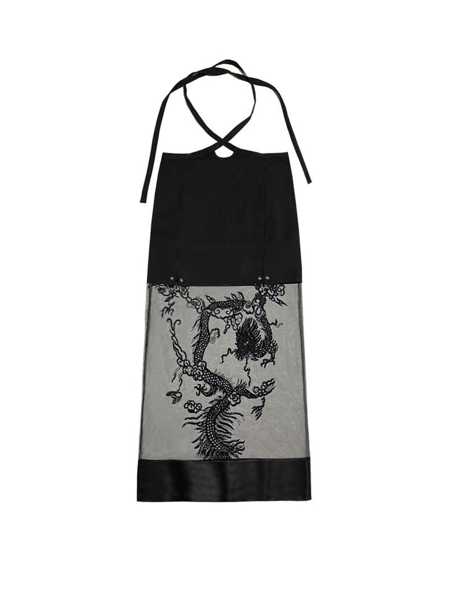 SENSELF Black Dragon Heavy Embroidered Sequined Lace Up Detachable Women's Midi Skirts
