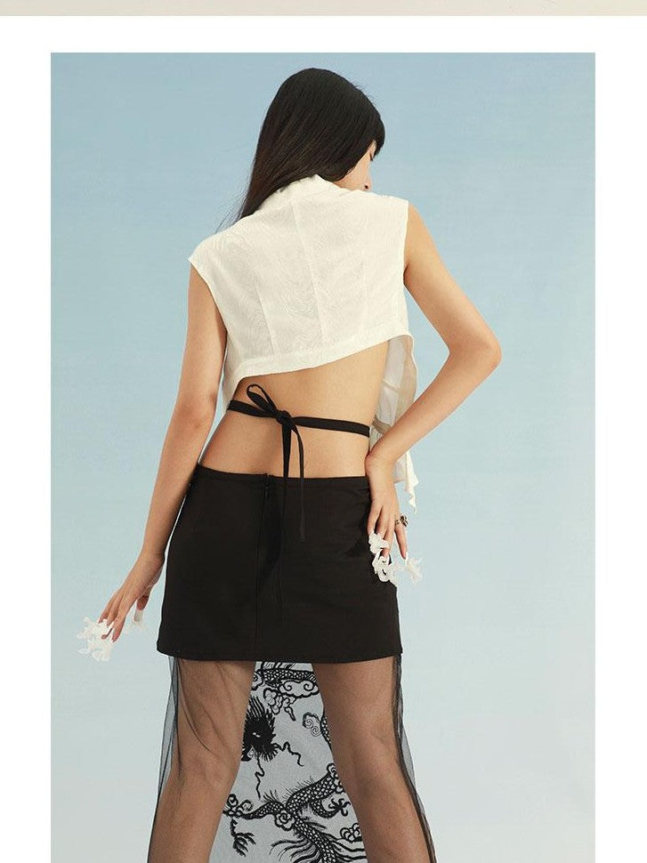 SENSELF Black Dragon Heavy Embroidered Sequined Lace Up Detachable Women's Midi Skirts