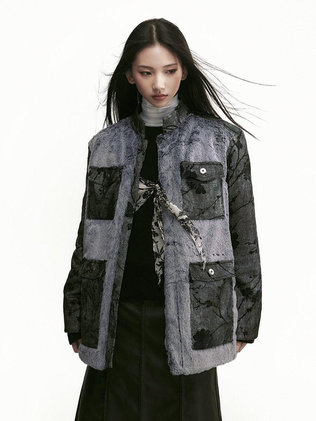 SENSELF Black Gray Colorblock Zhongshan Style Tailored Women's Wool Blazers