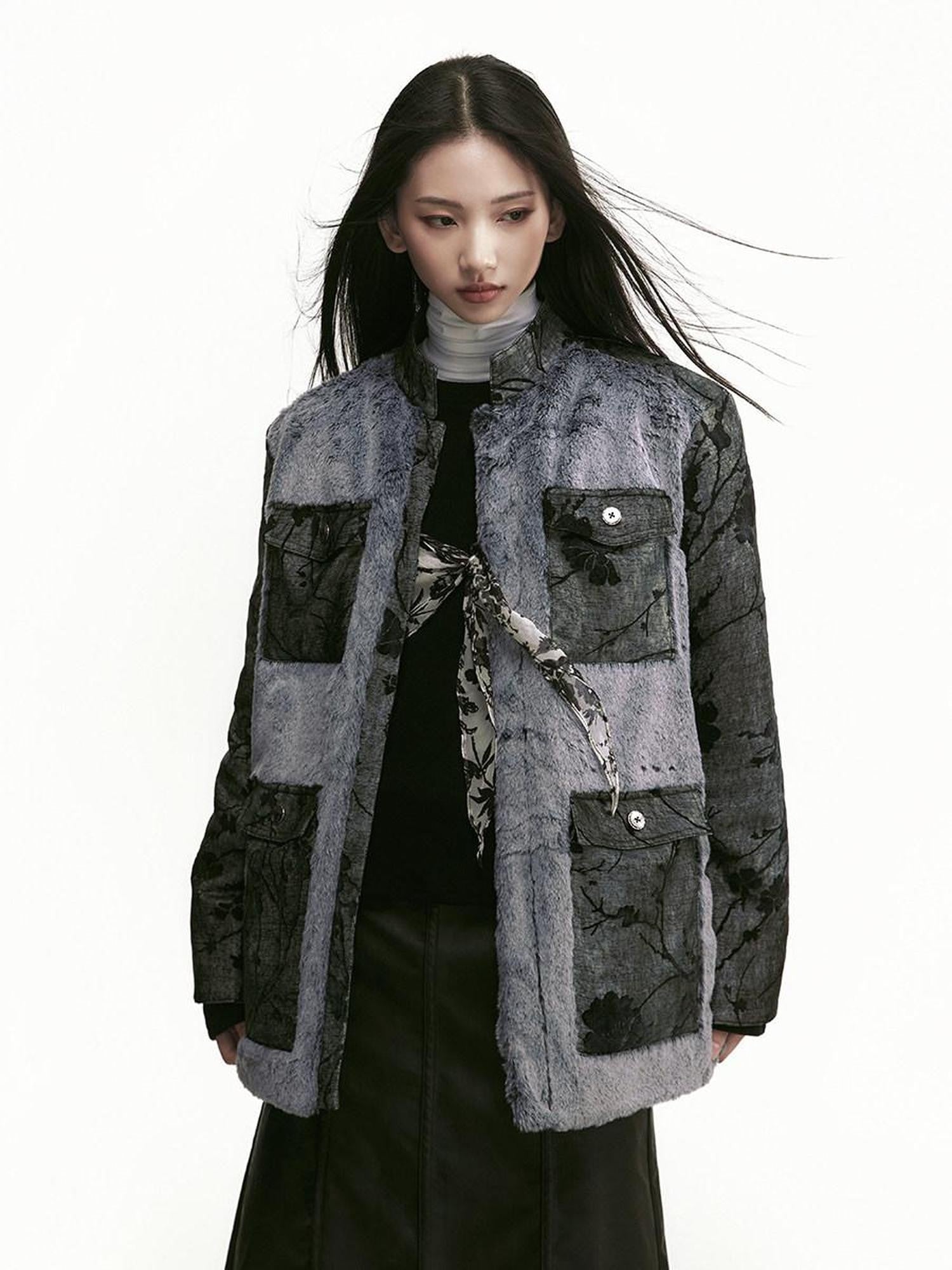 SENSELF Black Gray Colorblock Zhongshan Style Tailored Women's Wool Blazers