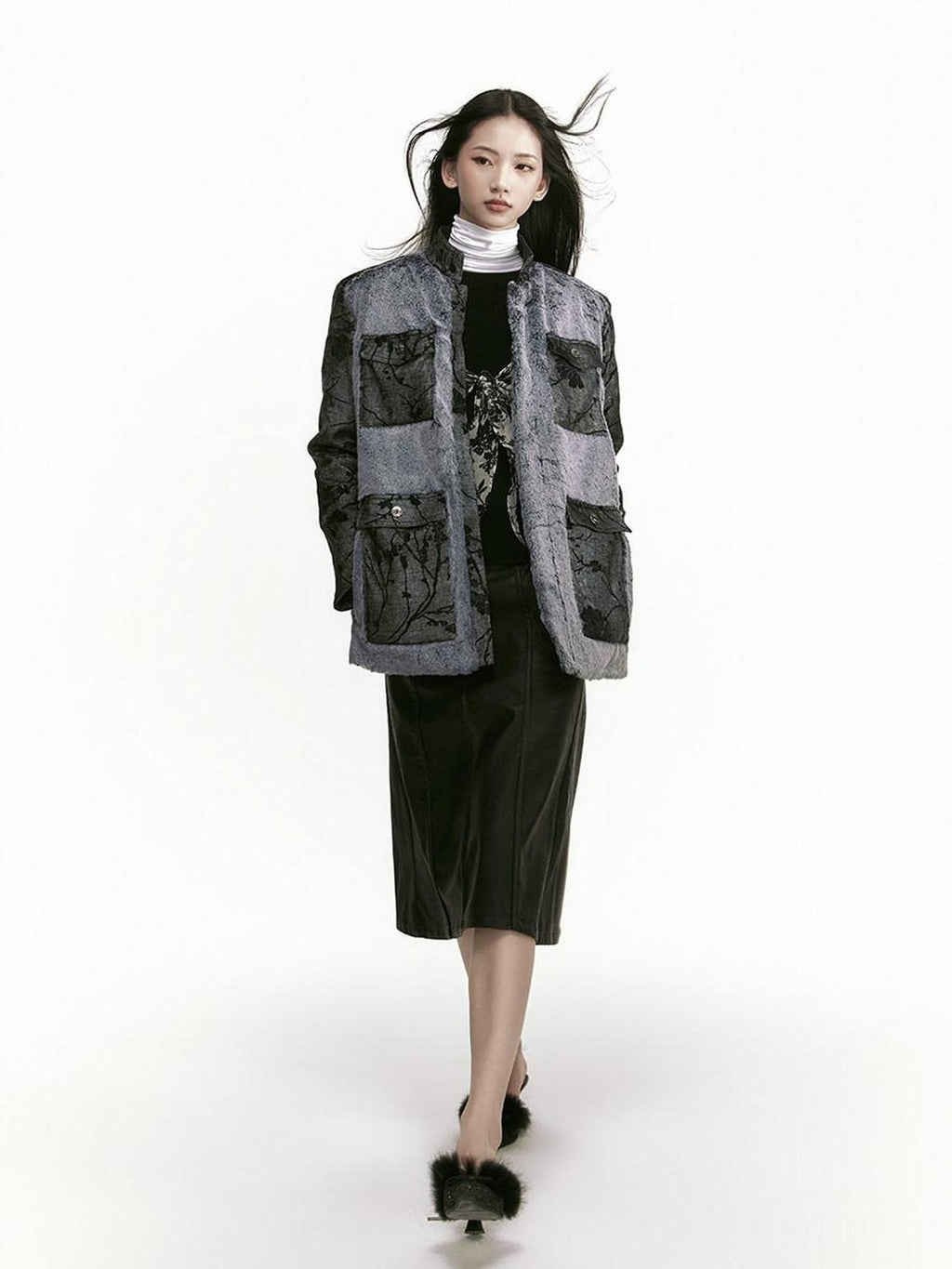 SENSELF Black Gray Colorblock Zhongshan Style Tailored Women's Wool Blazers