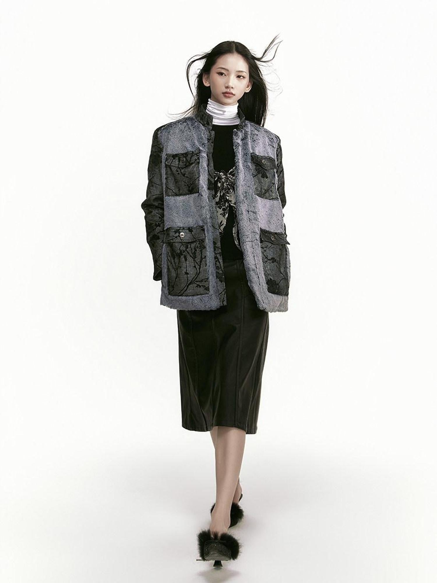 SENSELF Black Gray Colorblock Zhongshan Style Tailored Women's Wool Blazers