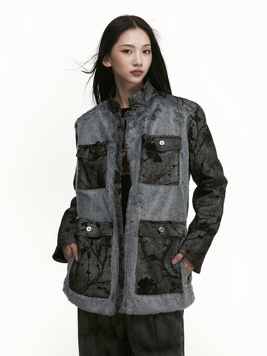 SENSELF Black Gray Colorblock Zhongshan Style Tailored Women's Wool Blazers