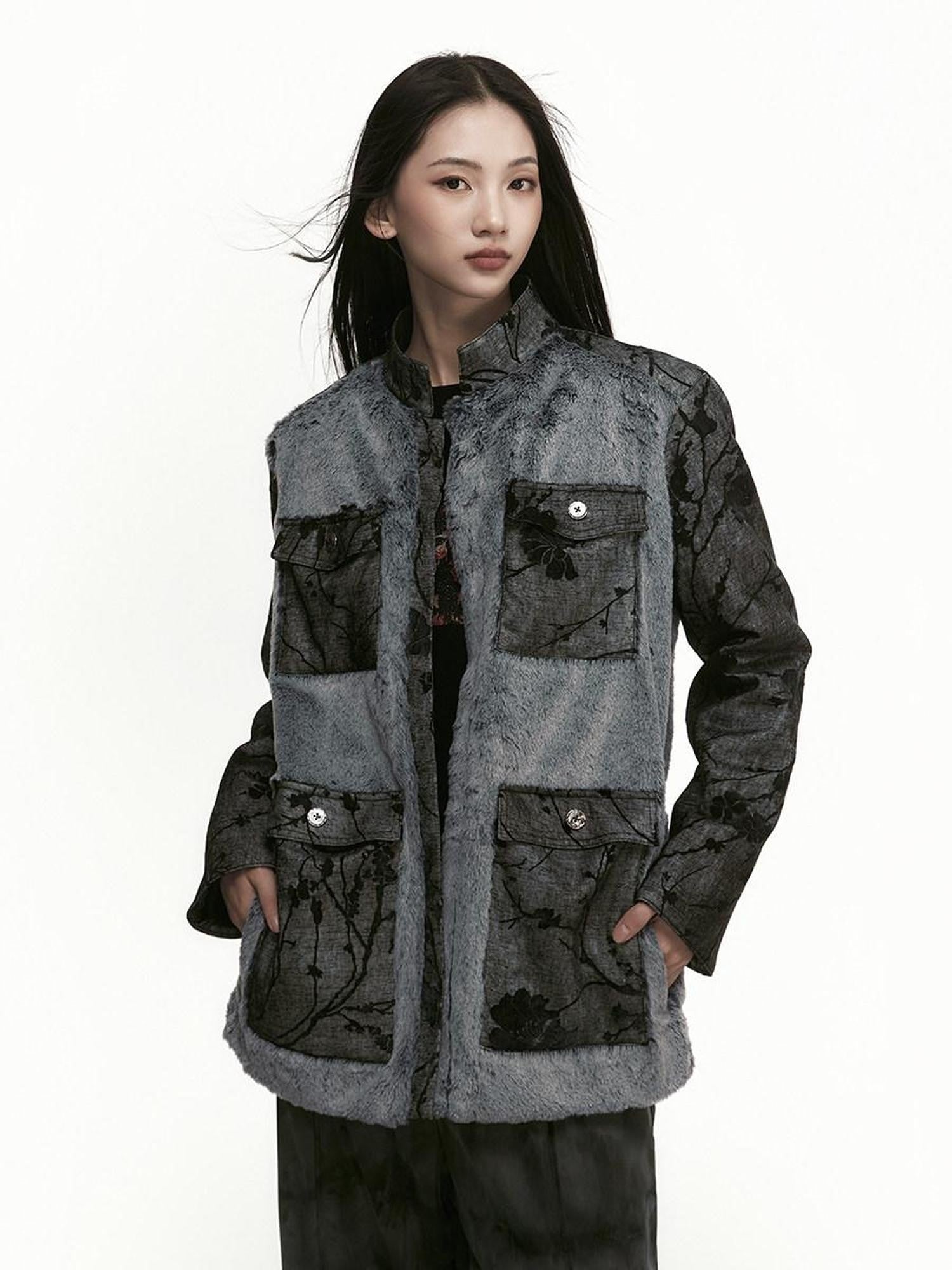 SENSELF Black Gray Colorblock Zhongshan Style Tailored Women's Wool Blazers