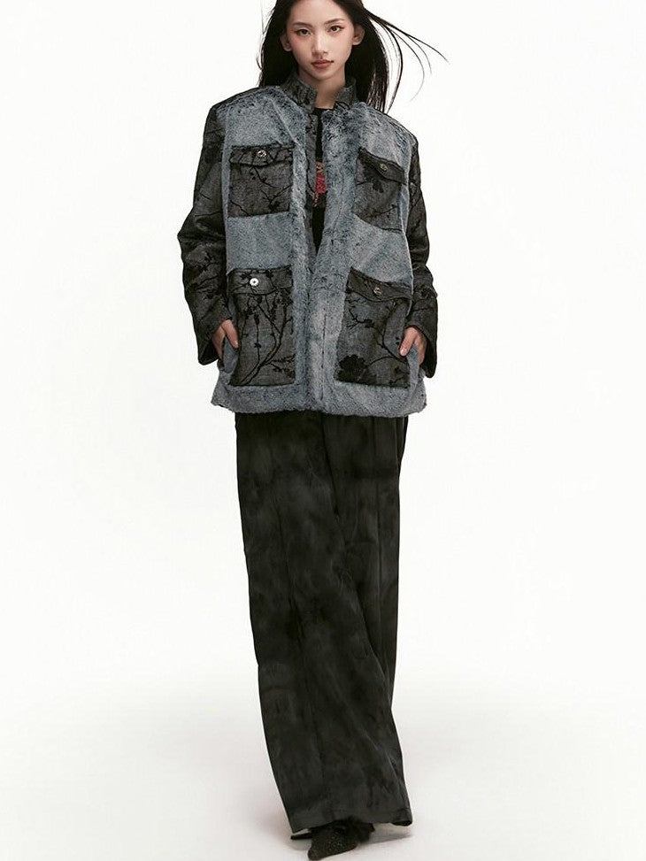 SENSELF Black Gray Colorblock Zhongshan Style Tailored Women's Wool Blazers