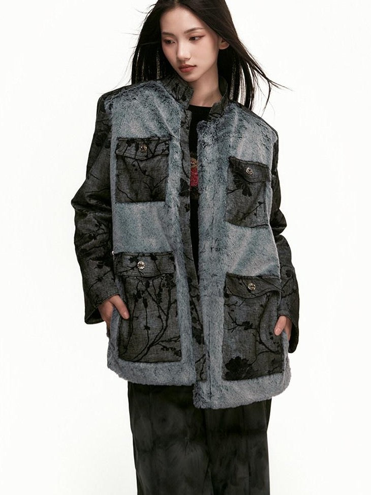 SENSELF Black Gray Colorblock Zhongshan Style Tailored Women's Wool Blazers