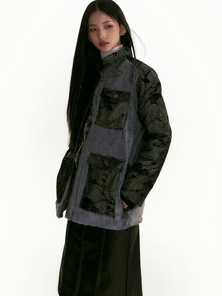 SENSELF Black Gray Colorblock Zhongshan Style Tailored Women's Wool Blazers
