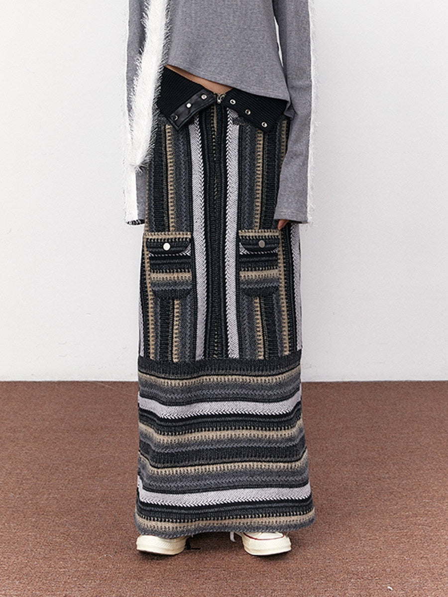 SENSELF_Black_Gray_Vintage_Stripe_High_Neck_Zip_Jacket_Women's_Tweed_Matching_Skirt_Sets_690750117656_MISSTT