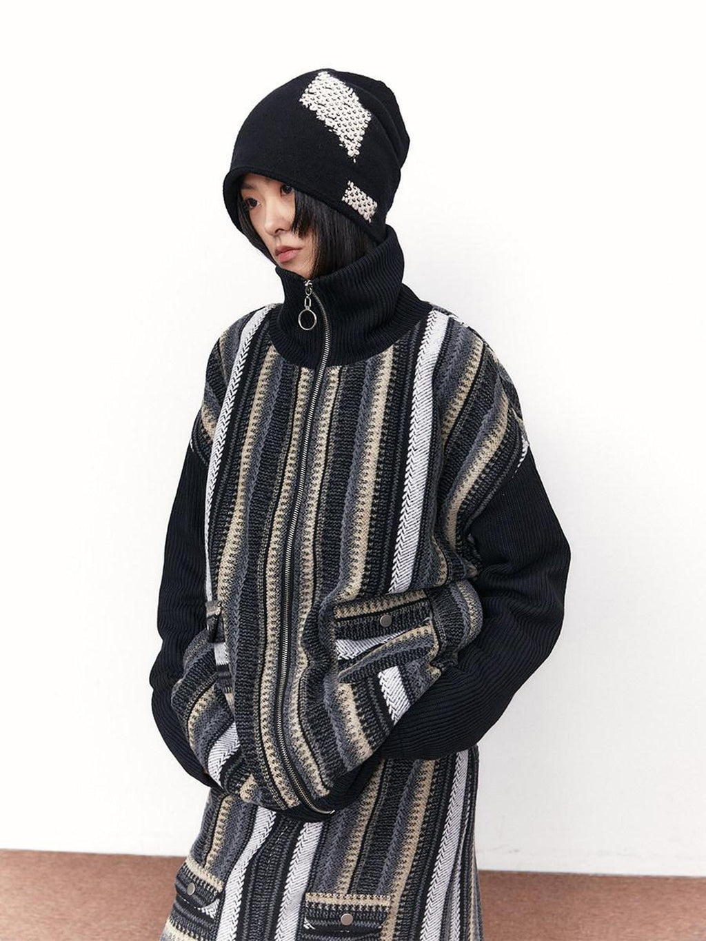 SENSELF Black Gray Vintage Stripe High Neck Zip Jacket Women's Tweed Matching Skirt Sets