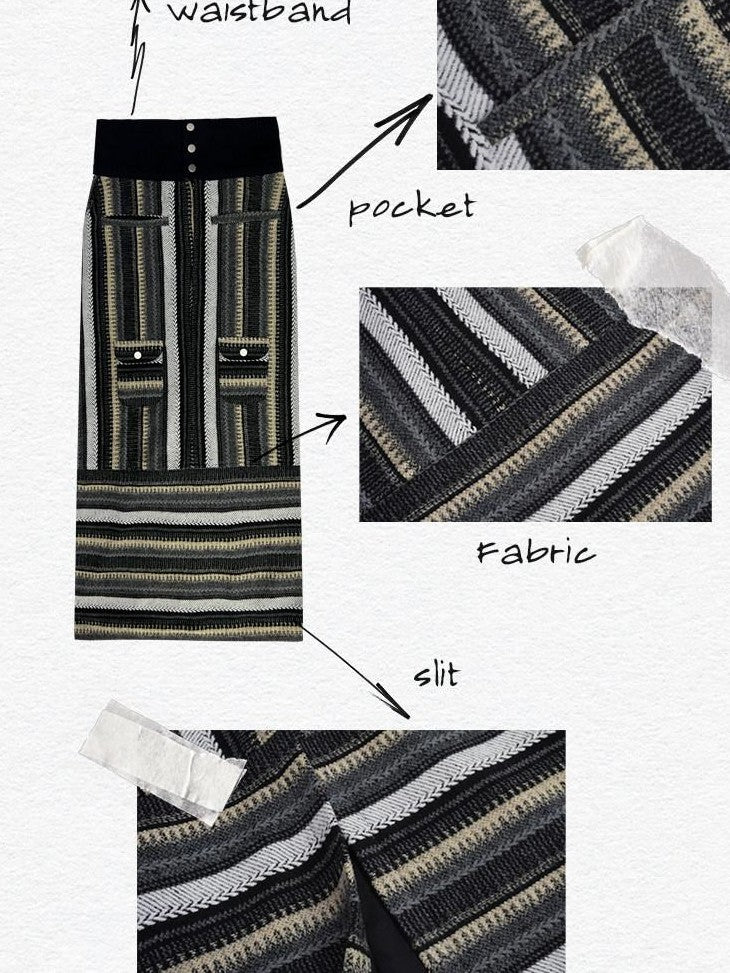 SENSELF Black Gray Vintage Stripe High Neck Zip Jacket Women's Tweed Matching Skirt Sets