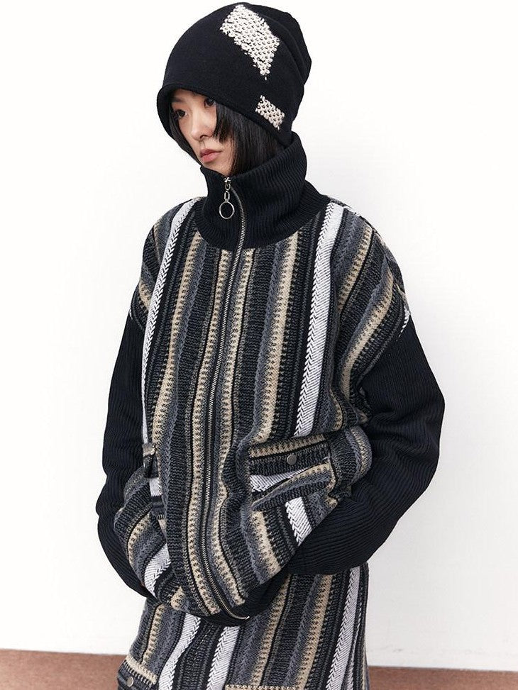 SENSELF Black Gray Vintage Stripe High Neck Zip Jacket Women's Tweed Matching Skirt Sets