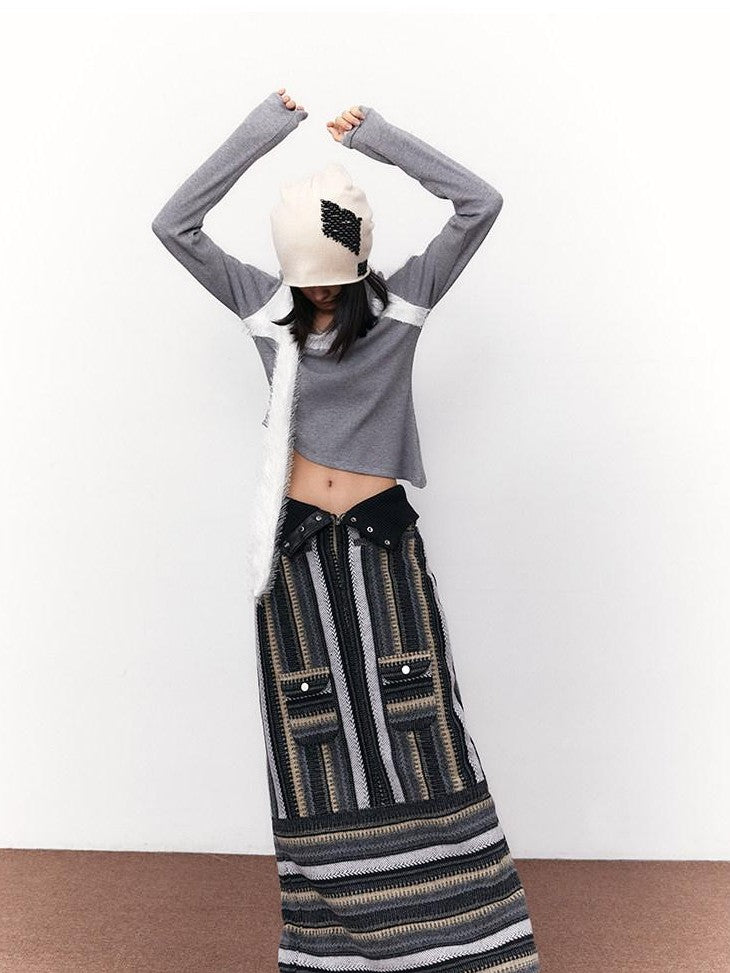 SENSELF Black Gray Vintage Stripe High Neck Zip Jacket Women's Tweed Matching Skirt Sets