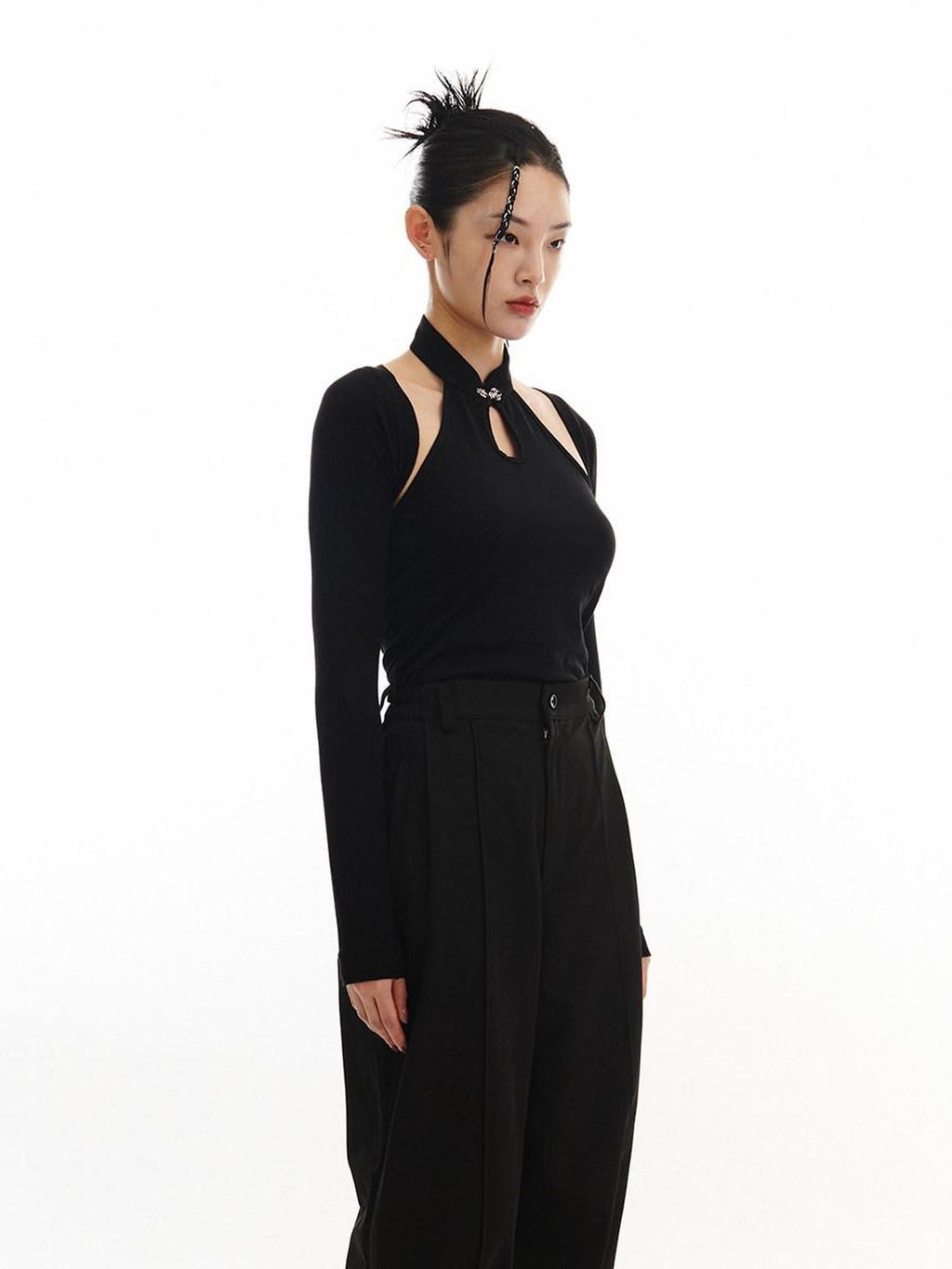 SENSELF Black New Chinese Style Shawl Two Piece Women's Halter Tops