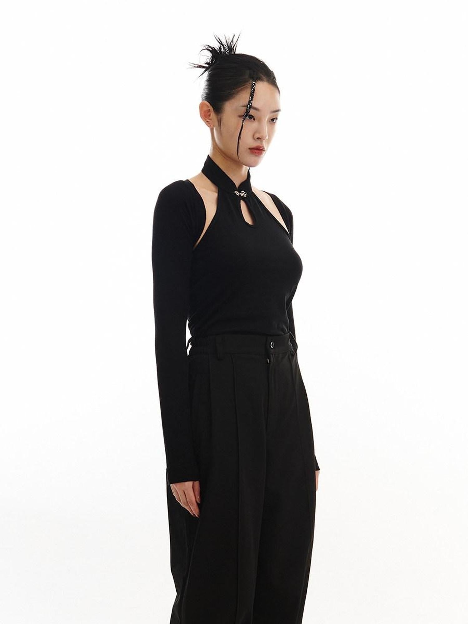 SENSELF Black New Chinese Style Shawl Two Piece Women's Halter Tops