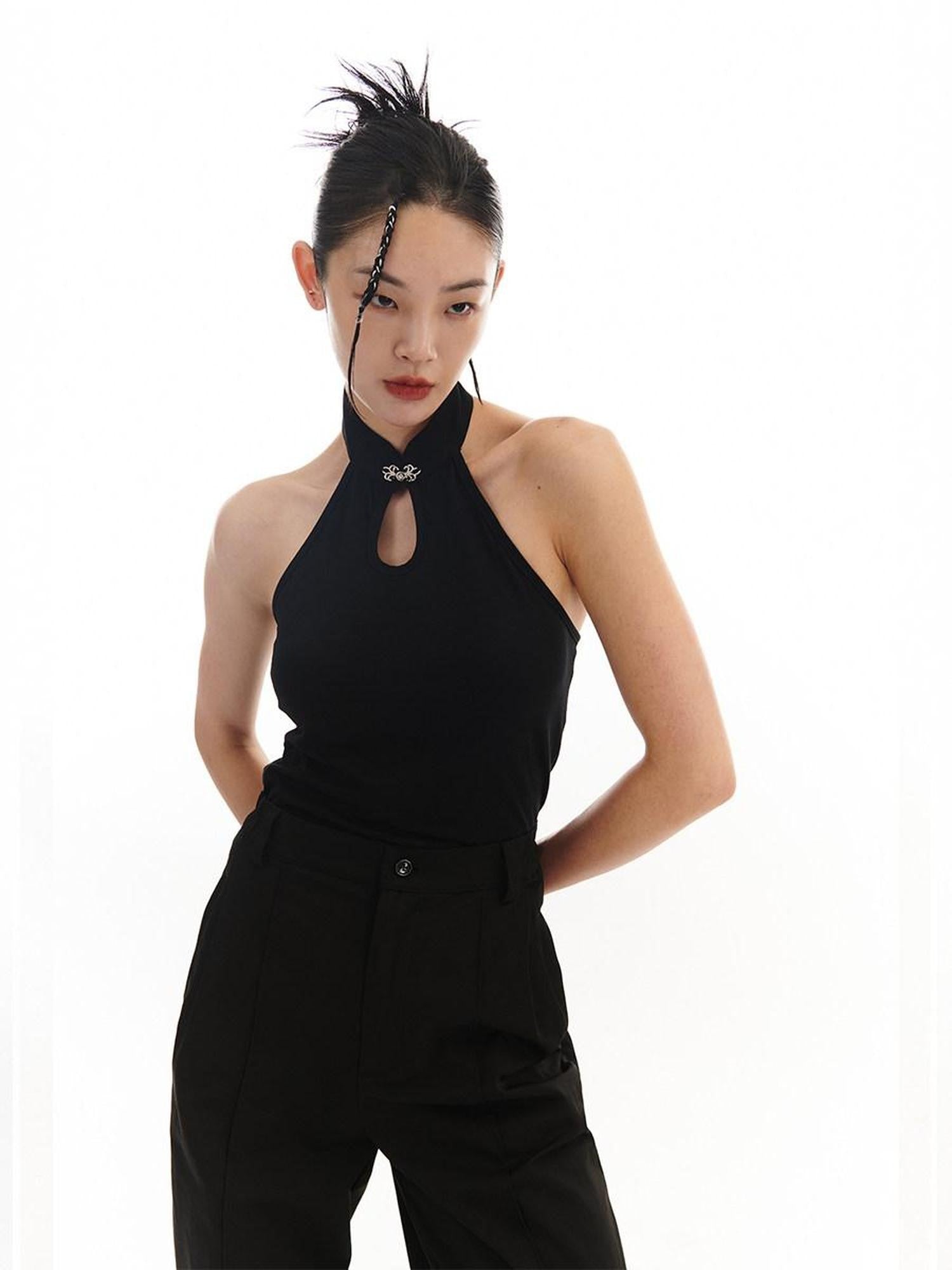 SENSELF Black New Chinese Style Shawl Two Piece Women's Halter Tops