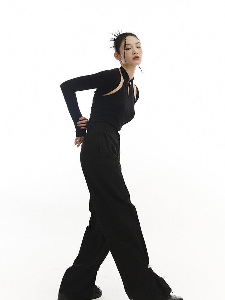 SENSELF Black New Chinese Style Shawl Two Piece Women's Halter Tops