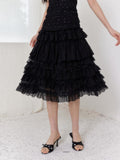 SENSELF Black Pleated Lace Asymmetric Patchwork Short Women's Tulle Mesh Tiered Skirts