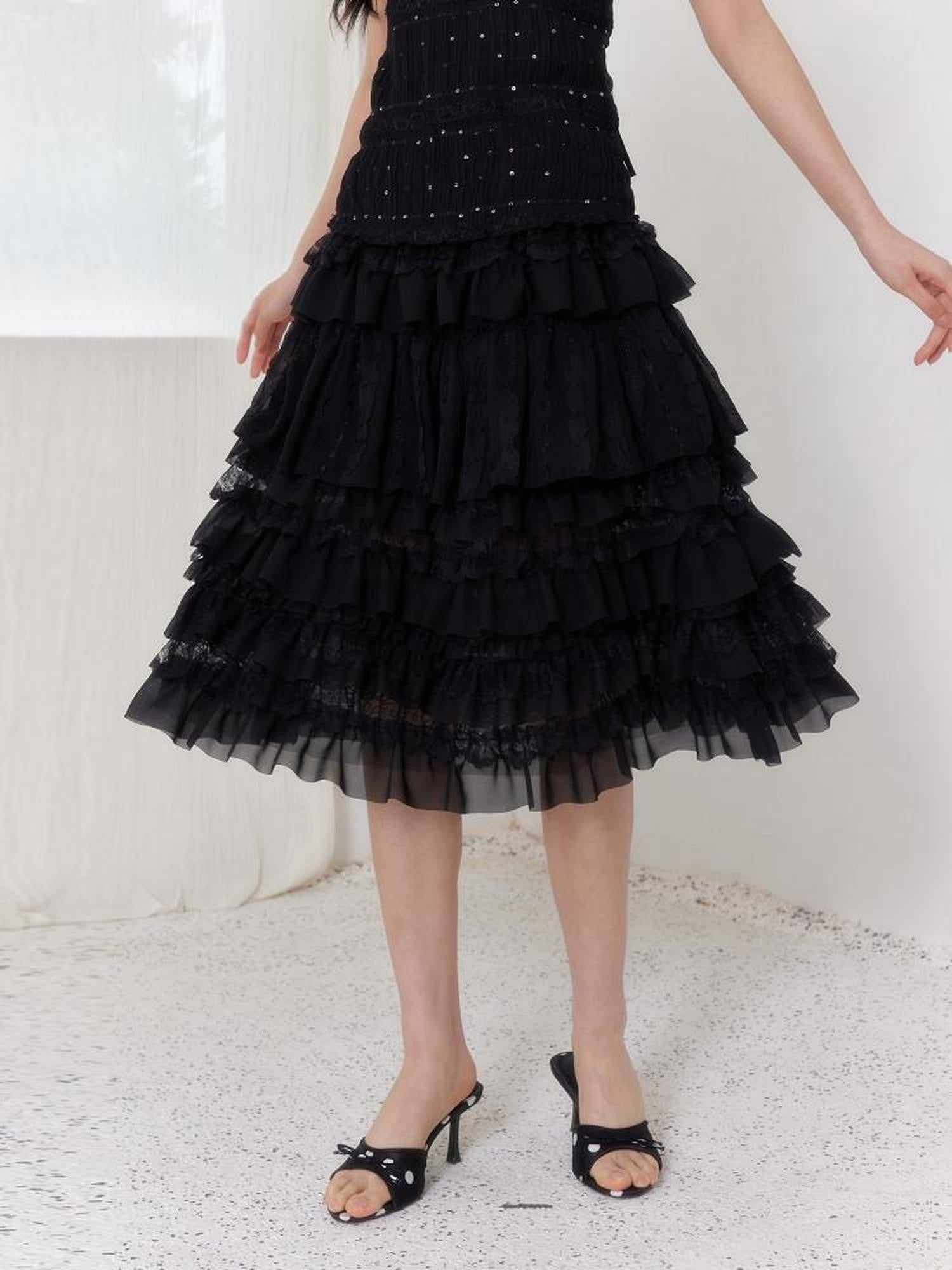 SENSELF Black Pleated Lace Asymmetric Patchwork Short Women's Tulle Mesh Tiered Skirts