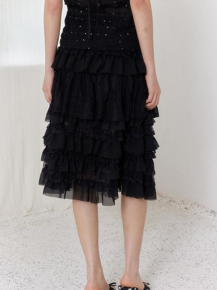 SENSELF Black Pleated Lace Asymmetric Patchwork Short Women's Tulle Mesh Tiered Skirts