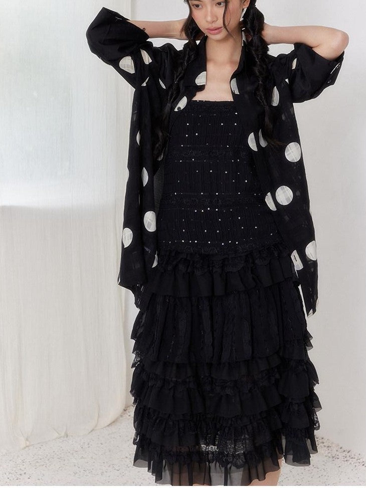 SENSELF Black Pleated Lace Asymmetric Patchwork Short Women's Tulle Mesh Tiered Skirts