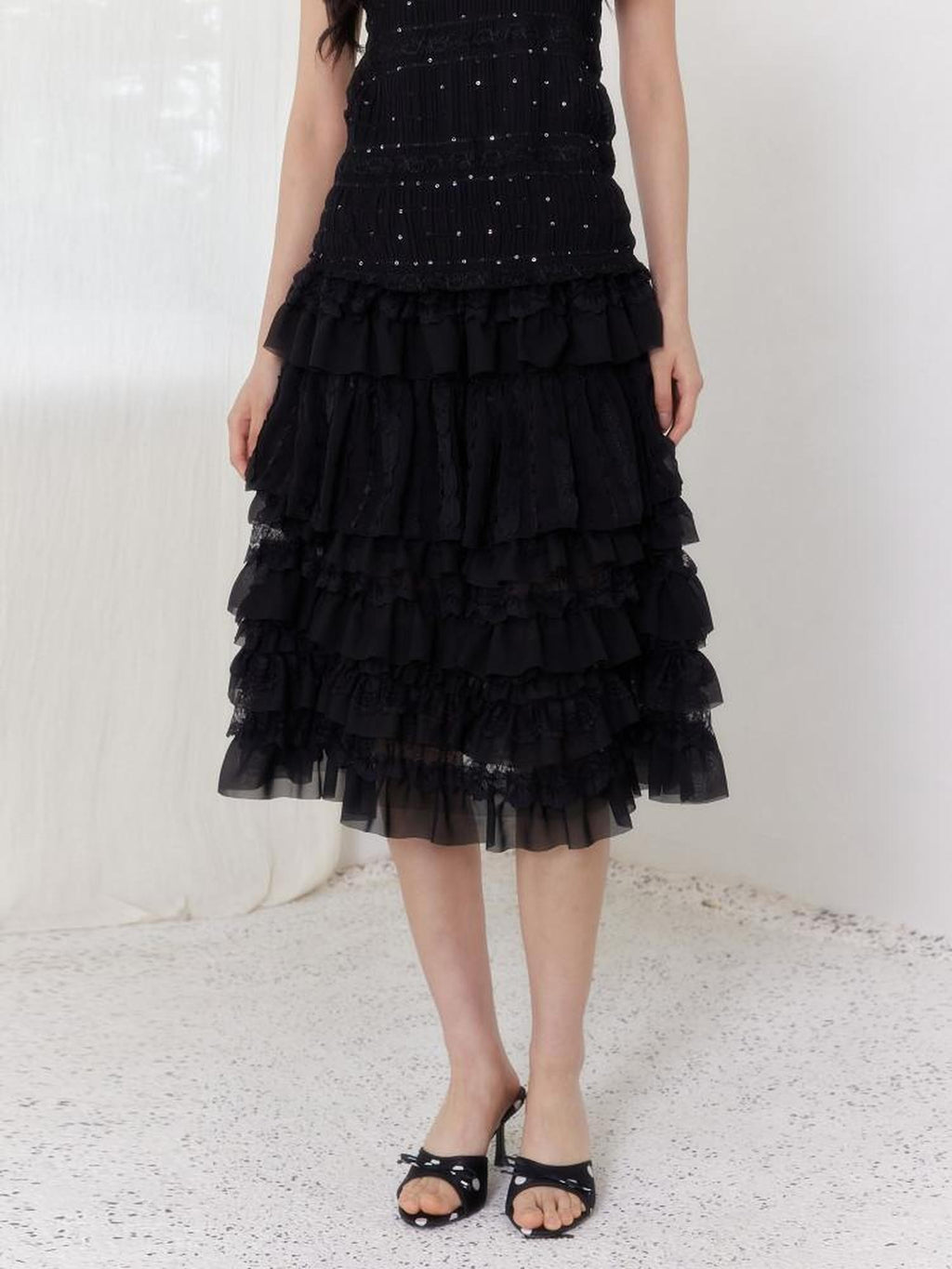SENSELF Black Pleated Lace Asymmetric Patchwork Short Women's Tulle Mesh Tiered Skirts