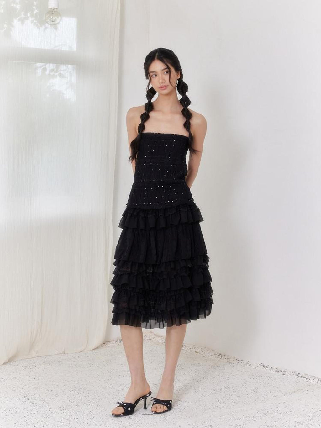 SENSELF Black Pleated Lace Asymmetric Patchwork Short Women's Tulle Mesh Tiered Skirts