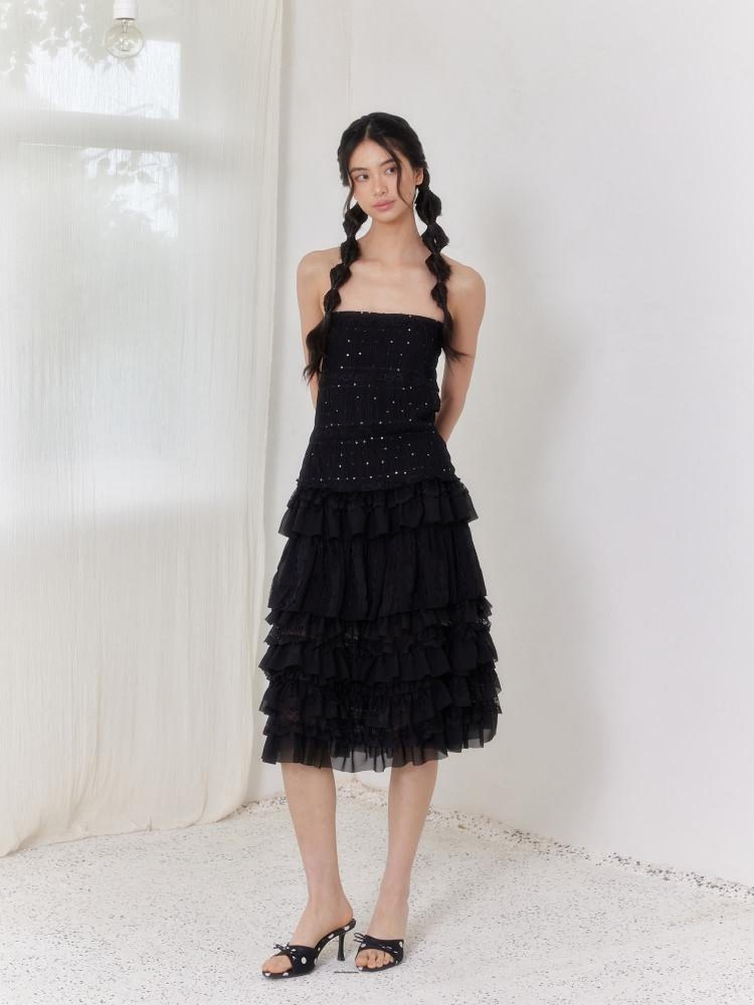 SENSELF Black Pleated Lace Asymmetric Patchwork Short Women's Tulle Mesh Tiered Skirts