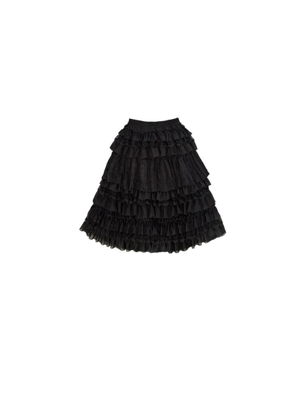 SENSELF Black Pleated Lace Asymmetric Patchwork Short Women's Tulle Mesh Tiered Skirts